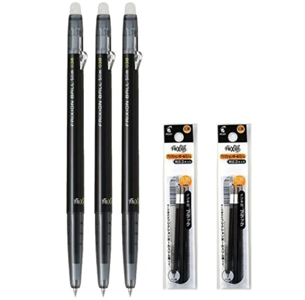 Pilot FriXion Ball Slim 038 Retractable Erasable Gel Ink Pen 0.38mm | Extra Fine Point, Black Ink, 3 Pens & 6 Refills - main product image