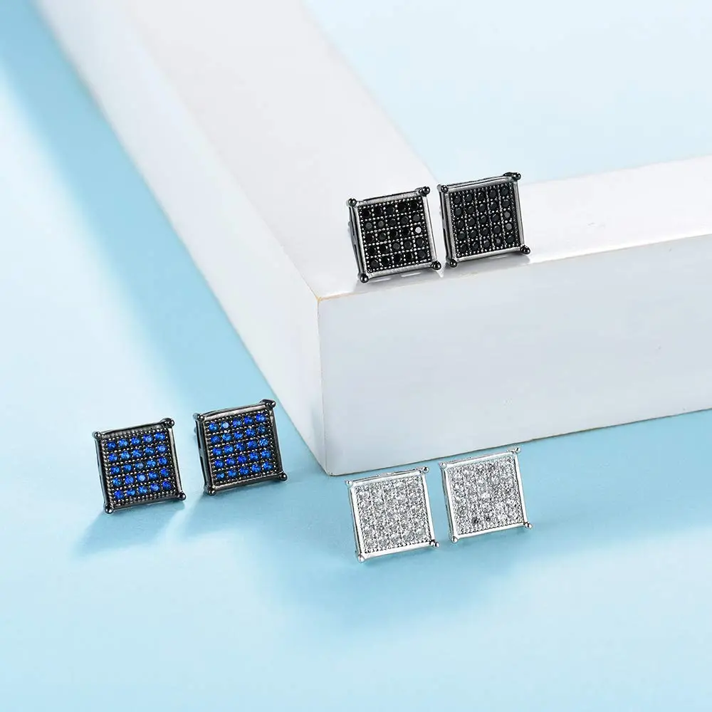 Tarsus 8mm Mens Square Earrings Blue Stud Diamond Crystal | Stainless Steel Jewelry - view 5