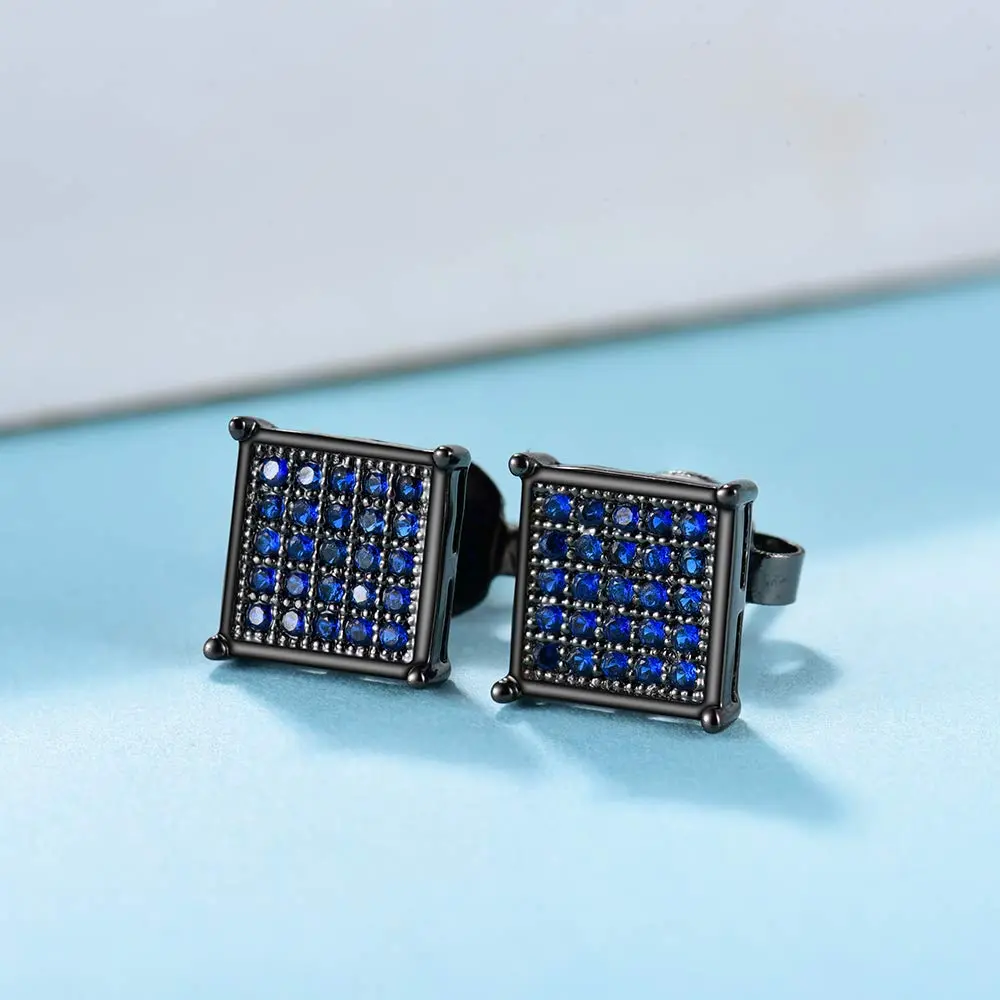 Tarsus 8mm Mens Square Earrings Blue Stud Diamond Crystal | Stainless Steel Jewelry - view 2