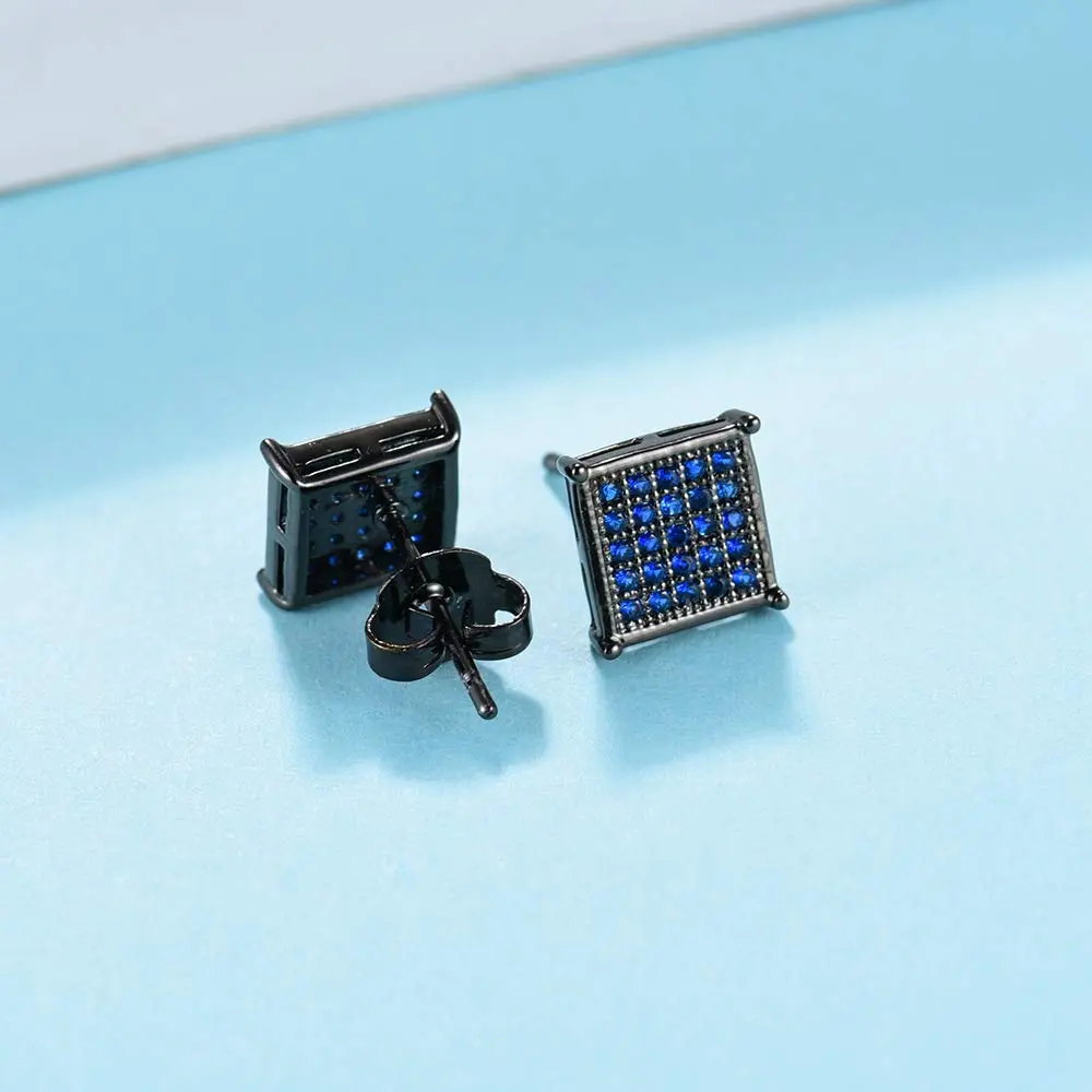 Tarsus 8mm Mens Square Earrings Blue Stud Diamond Crystal | Stainless Steel Jewelry - view 3