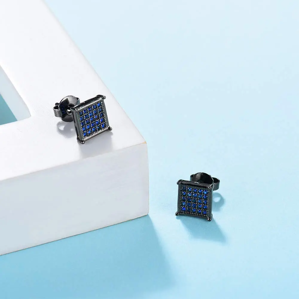 Tarsus 8mm Mens Square Earrings Blue Stud Diamond Crystal | Stainless Steel Jewelry - view 4