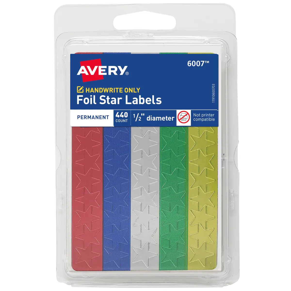Avery Foil Star Labels 1/2" Assorted Colors | Bright Foil Stickers for Rewards & Crafts - main product image