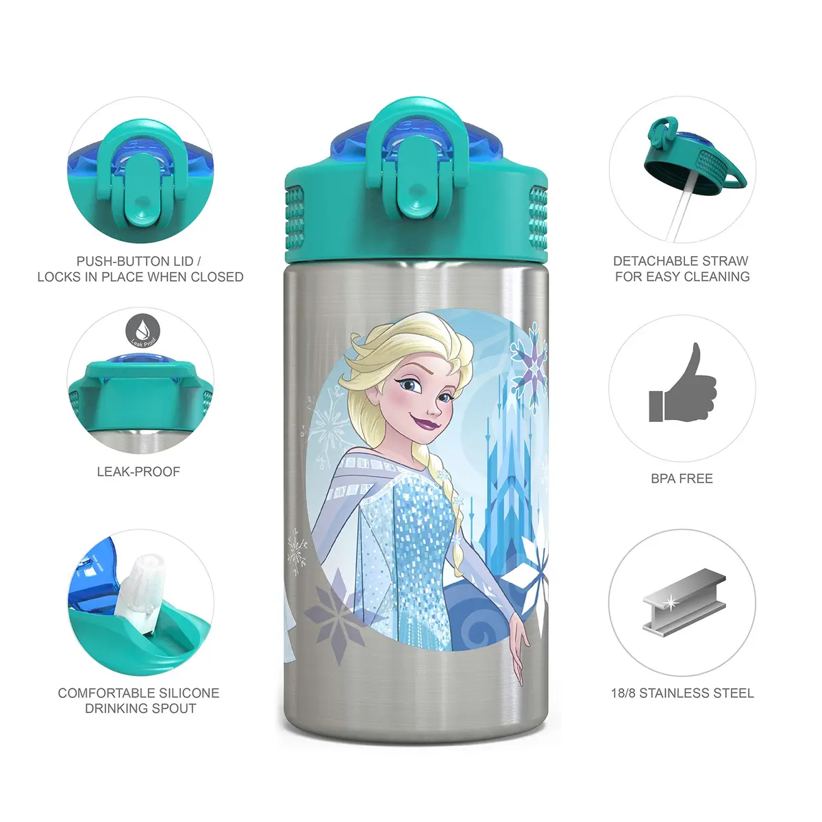 Zak Designs Frozen Stainless Steel Kids Water Bottle 444ml (15.5oz) | Leak-Proof Flip Straw for Ages 3+ - view 2