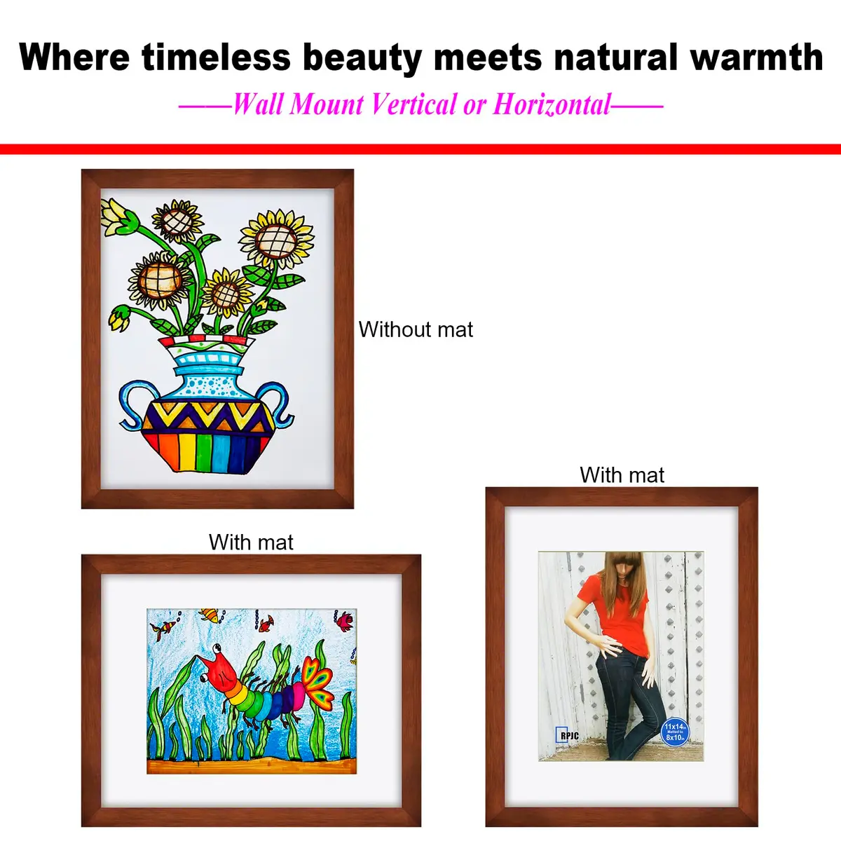RPJC 11x14 (8x10 with Mat) Solid Wood Picture Frame Real Glass Cover Brown | Classic Wall & Tabletop Decor - view 5