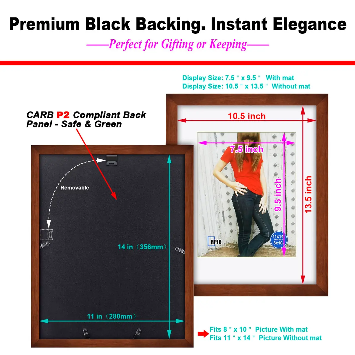 RPJC 11x14 (8x10 with Mat) Solid Wood Picture Frame Real Glass Cover Brown | Classic Wall & Tabletop Decor - view 8