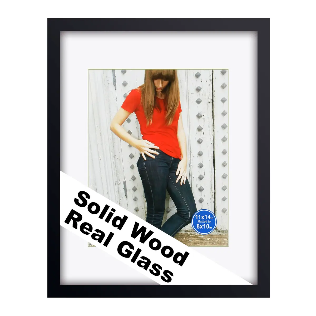 RPJC 11x14 (8x10 with Mat) Solid Wood Picture Frame Real Glass Cover Black | Wall & Tabletop Display - main product image