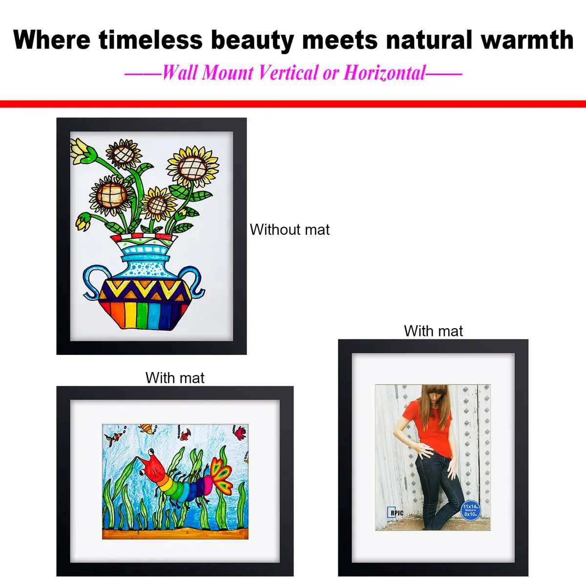 RPJC 11x14 (8x10 with Mat) Solid Wood Picture Frame Real Glass Cover Black | Wall & Tabletop Display - view 5