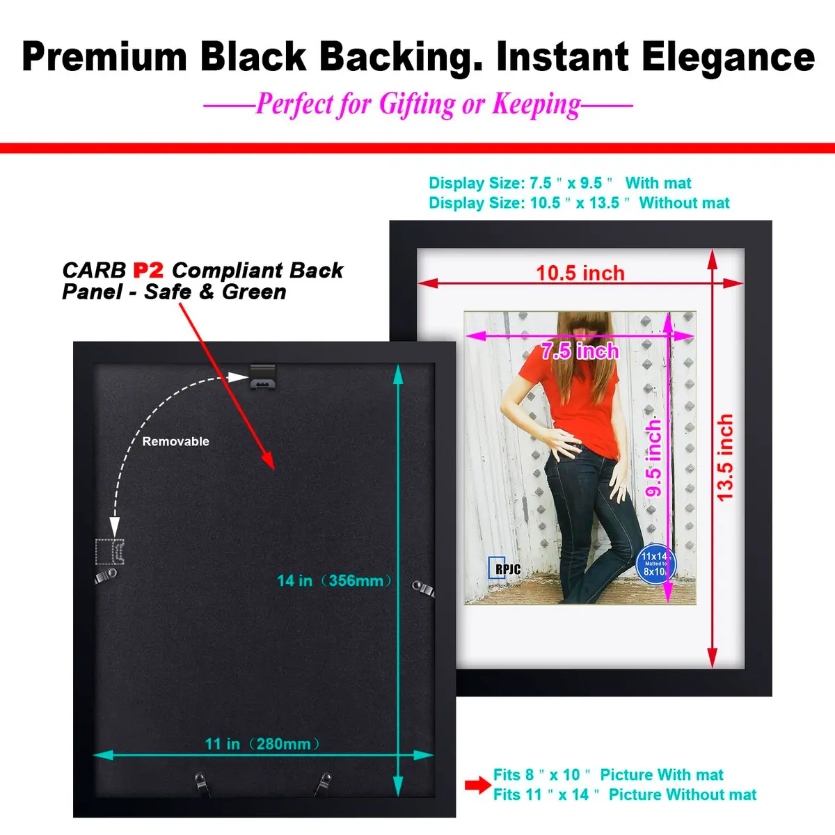 RPJC 11x14 (8x10 with Mat) Solid Wood Picture Frame Real Glass Cover Black | Wall & Tabletop Display - view 8