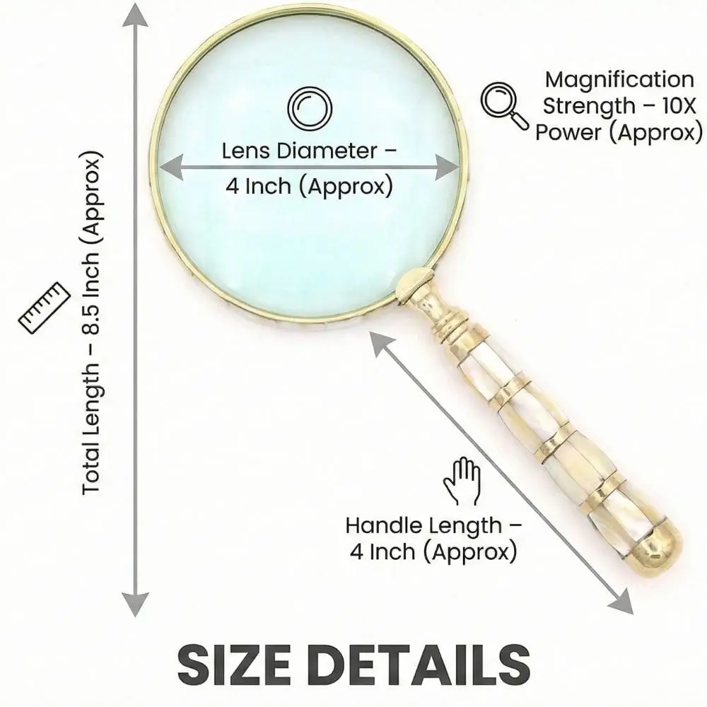 ROORKEE INSTRUMENTS Mother-of-Pearl Magnifying Glass 10x | Handmade Brass Antique Style for Reading & Inspection - view 9