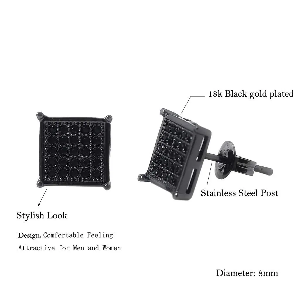 Tarsus 8mm Mens Square Earrings Black Stud Diamond Crystal | Stainless Steel - view 5