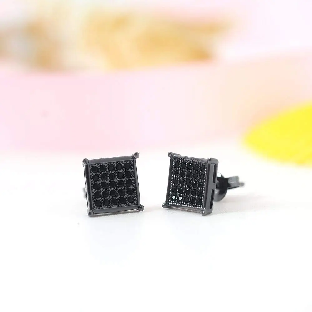 Tarsus 8mm Mens Square Earrings Black Stud Diamond Crystal | Stainless Steel - view 2