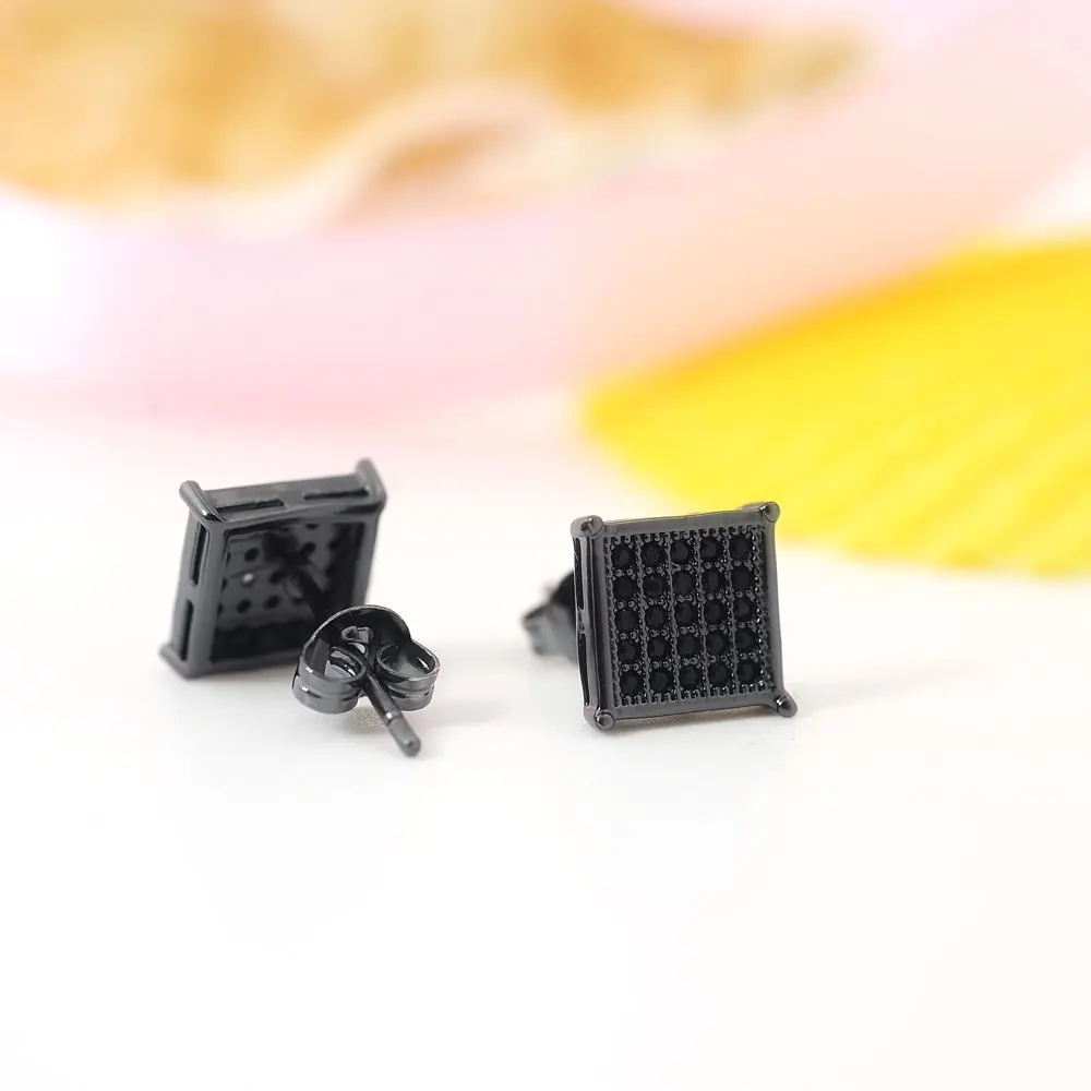Tarsus 8mm Mens Square Earrings Black Stud Diamond Crystal | Stainless Steel - view 3