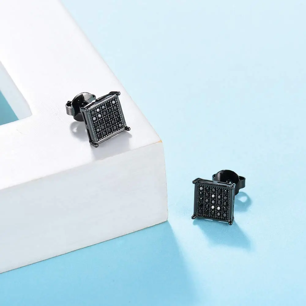 Tarsus 8mm Mens Square Earrings Black Stud Diamond Crystal | Stainless Steel - view 4