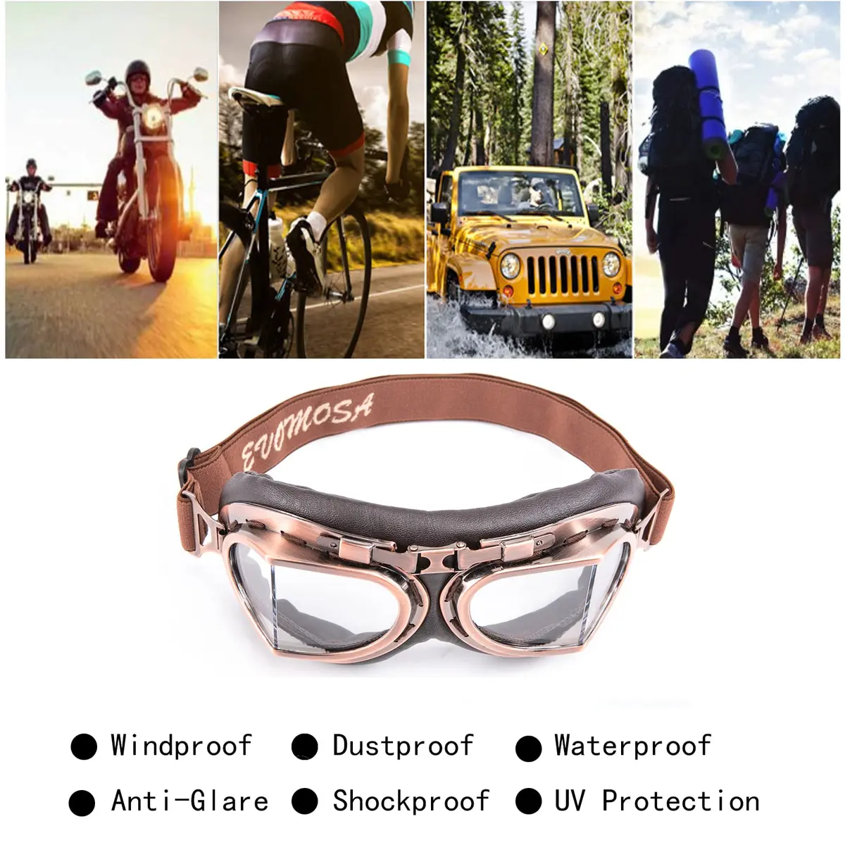 evomosa Vintage Pilot Style Motorcycle Goggles | 18.29 cm (7.1 in) Width, 7.9 cm (3.1 in) Height - view 2