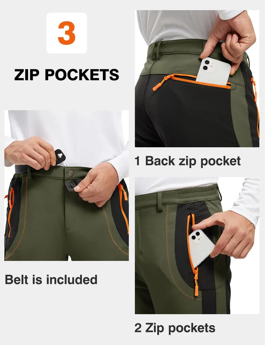 TBMPOY Men's Snow Ski Hiking Pants Waterproof Winter Fleece Lined Pants Camping Skiing Ice Fishing Pants with Belt Thick Green XL - view 6