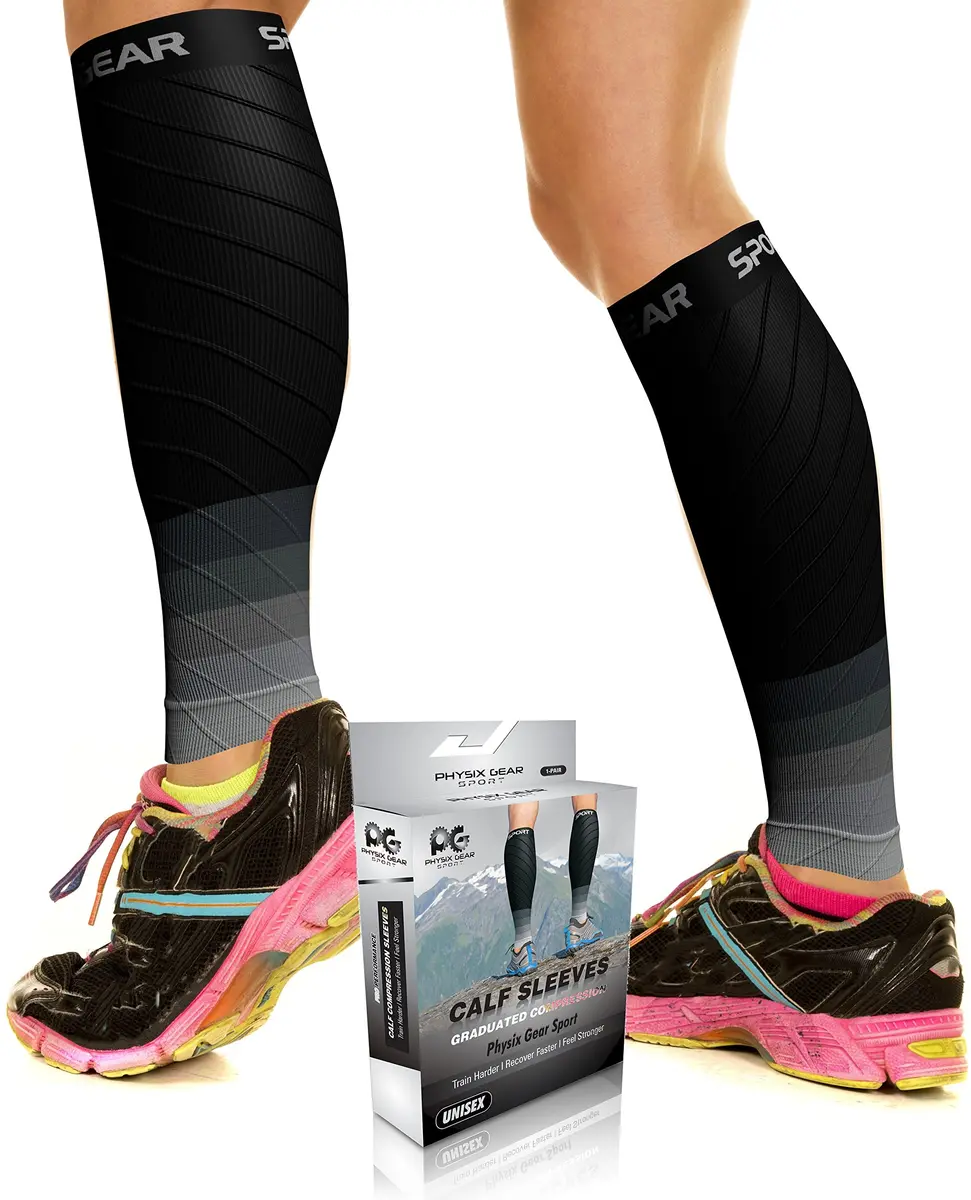 Physix Gear Calf Compression Sleeves - Shin Support for Running & Recovery (Black/Grey, S/M) | Targeted Calf Support - view 5