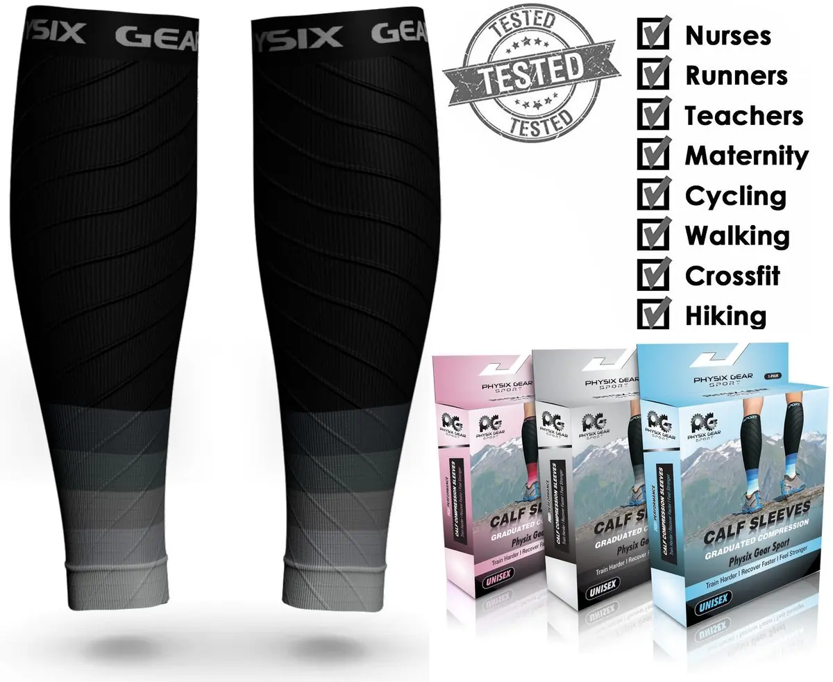 Physix Gear Calf Compression Sleeves - Shin Support for Running & Recovery (Black/Grey, S/M) | Targeted Calf Support - view 6