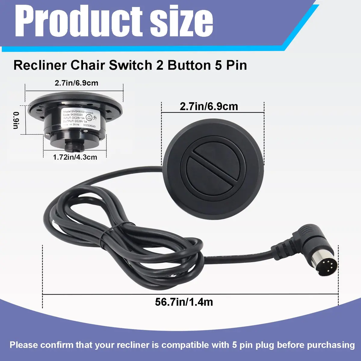 Podoy 2-Button 5-Pin Power Recliner Hand Control Replacement | Universal Fit, Durable ABS Plastic, Black - view 2