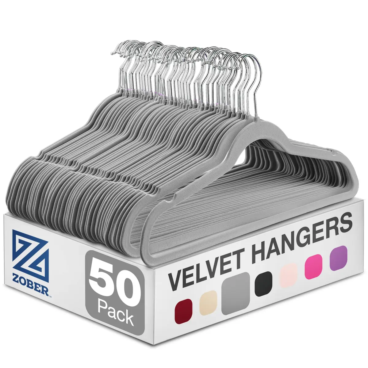 Zober Velvet Hangers 50 Pack - Heavy Duty Gray Hangers for Coats, Pants & Dress Clothes | Space Saving & Non Slip (70-120 chars) - main product image