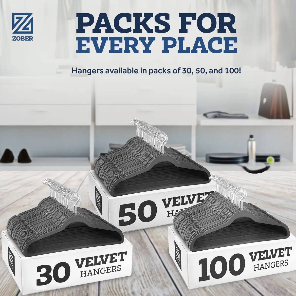 Zober Velvet Hangers 50 Pack - Heavy Duty Gray Hangers for Coats, Pants & Dress Clothes | Space Saving & Non Slip (70-120 chars) - view 7