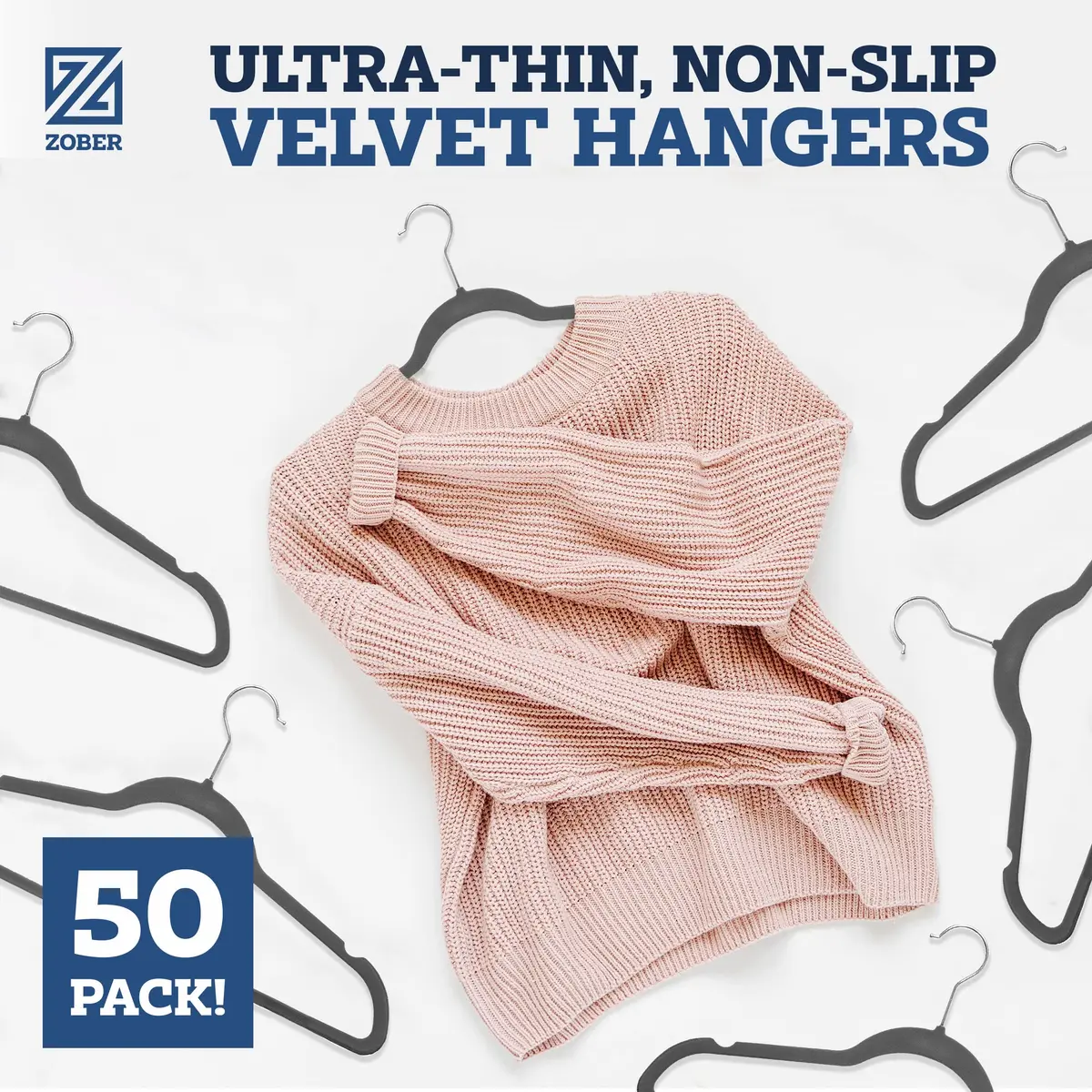 Zober Velvet Hangers 50 Pack - Heavy Duty Gray Hangers for Coats, Pants & Dress Clothes | Space Saving & Non Slip (70-120 chars) - view 2