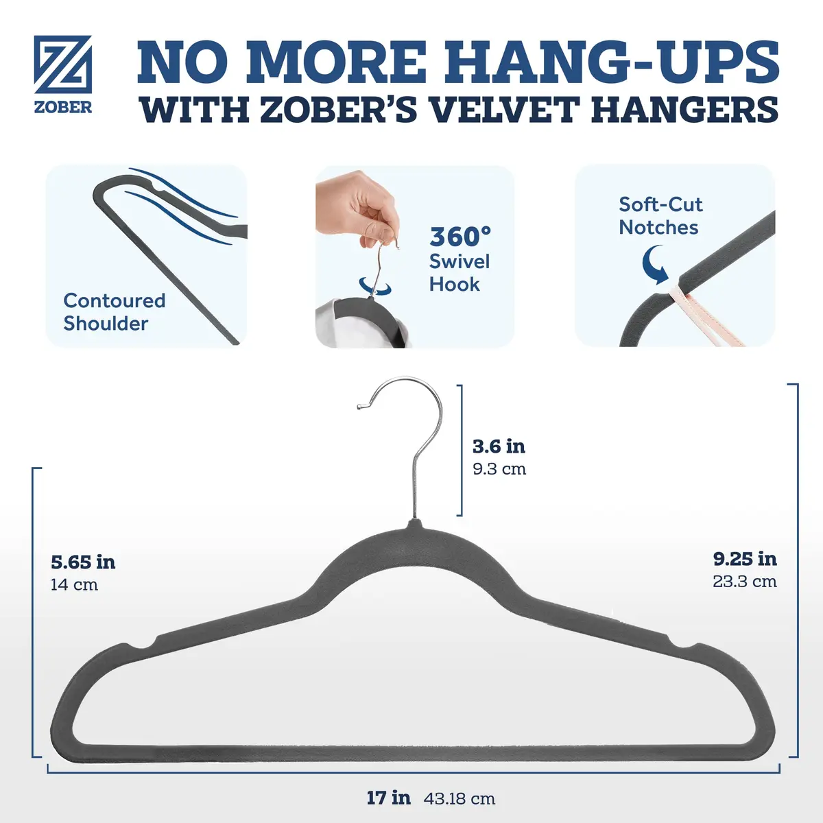 Zober Velvet Hangers 50 Pack - Heavy Duty Gray Hangers for Coats, Pants & Dress Clothes | Space Saving & Non Slip (70-120 chars) - view 3