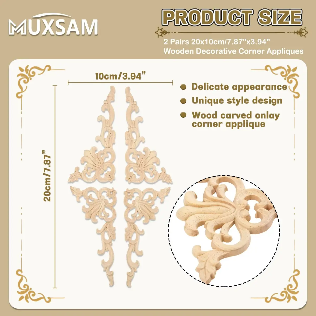 MUXSAM Wood Carved Appliques 20x10cm (7.87"x3.94") | Authentic European Style Furniture Accents - view 2