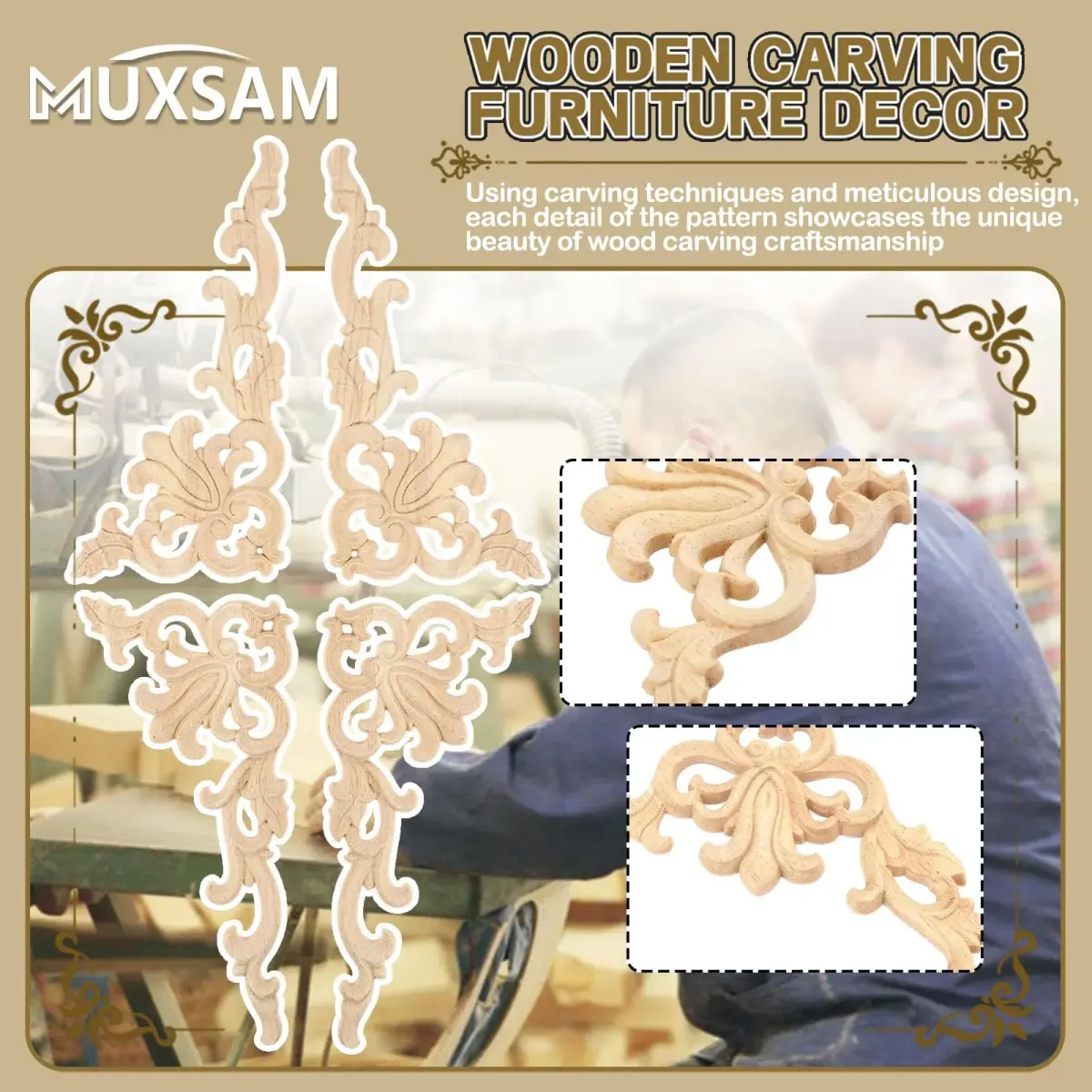 MUXSAM Wood Carved Appliques 20x10cm (7.87"x3.94") | Authentic European Style Furniture Accents - view 3
