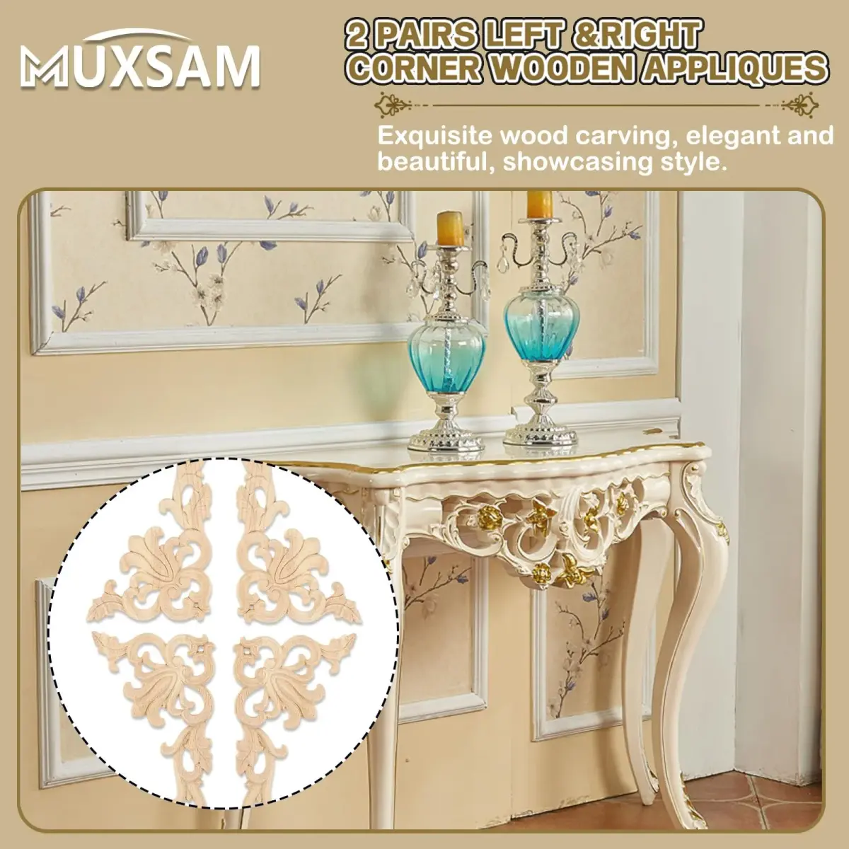 MUXSAM Wood Carved Appliques 20x10cm (7.87"x3.94") | Authentic European Style Furniture Accents - view 4