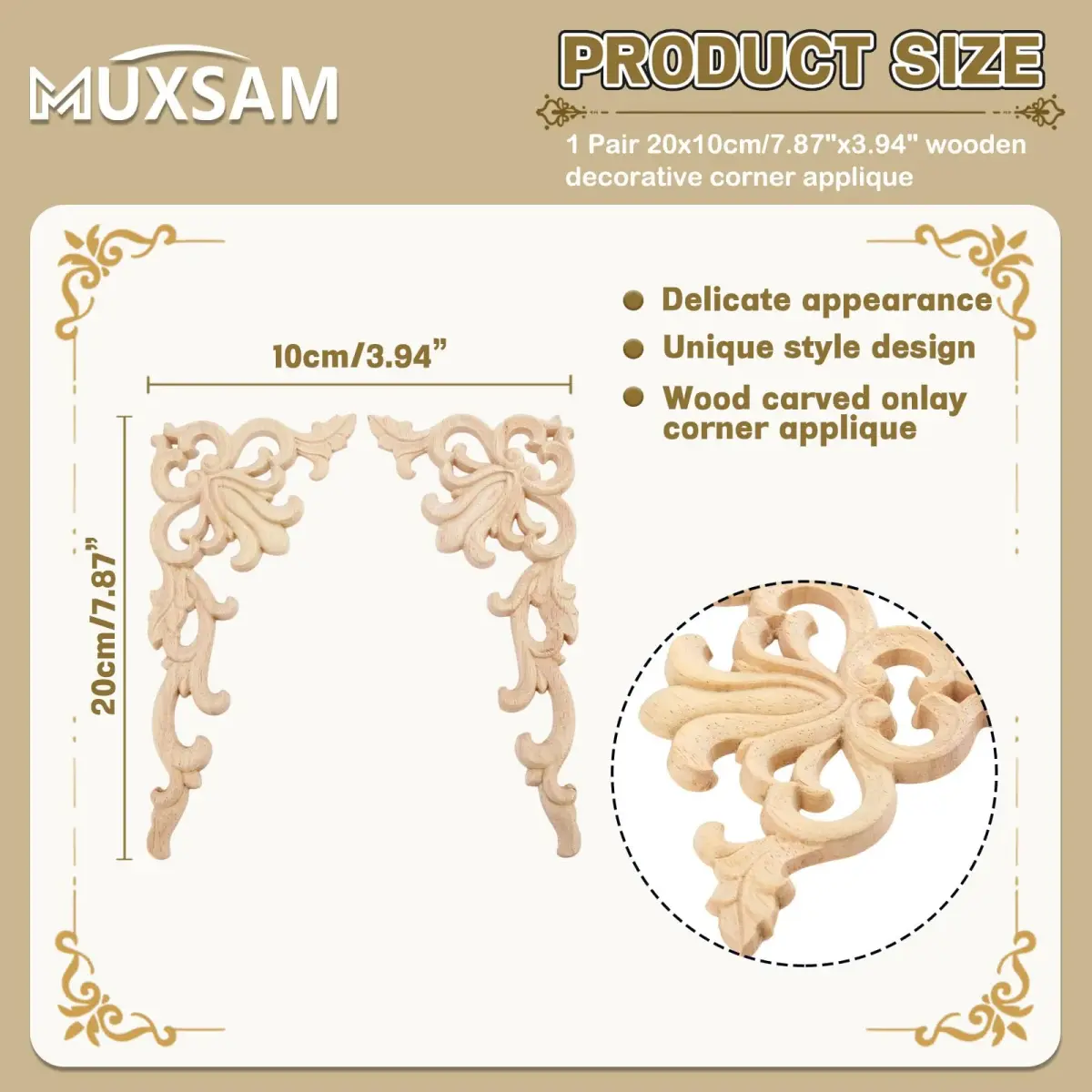 MUXSAM Wood Carved Appliques Onlays 20cm x 10cm (7.87" x 3.94") | European Style Furniture Corner Decals - view 2
