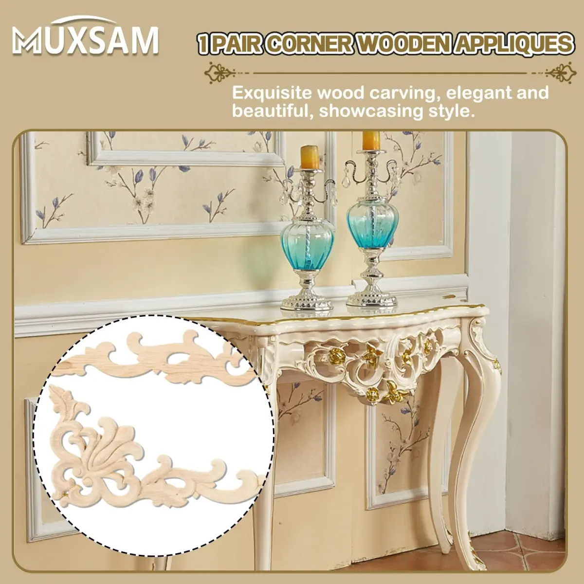 MUXSAM Wood Carved Appliques Onlays 20cm x 10cm (7.87" x 3.94") | European Style Furniture Corner Decals - view 4