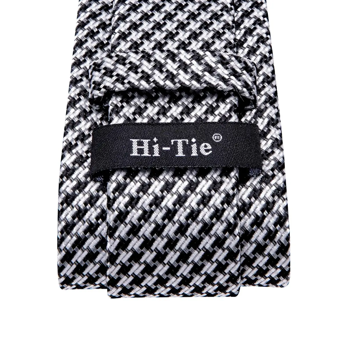 Hi-Tie Mens Black White Houndstooth Silk Necktie Set with Handkerchief & Cufflinks | Elegant Business & Wedding Accessory - view 5
