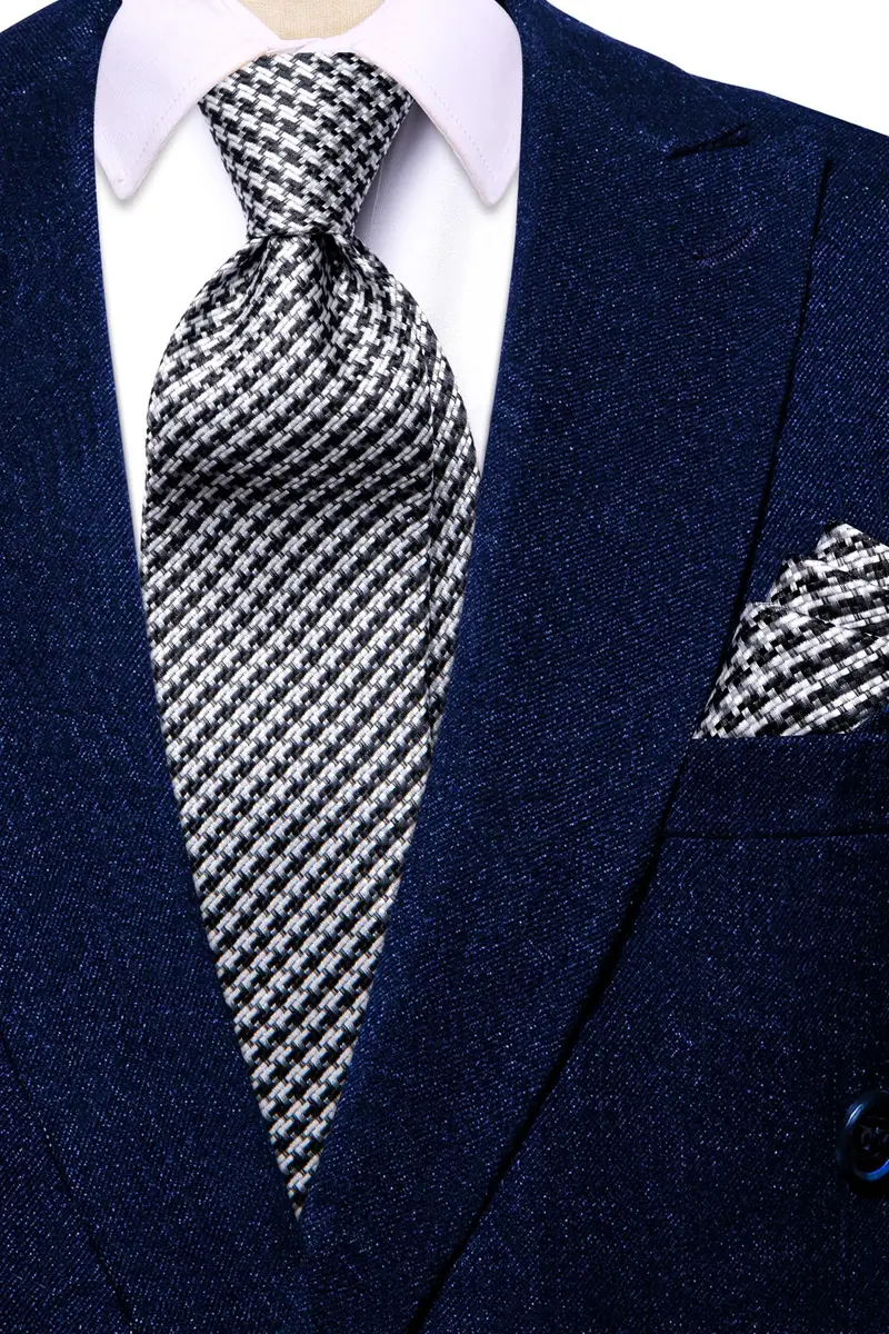 Hi-Tie Mens Black White Houndstooth Silk Necktie Set with Handkerchief & Cufflinks | Elegant Business & Wedding Accessory - view 7