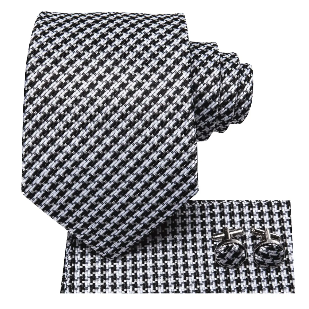 Hi-Tie Mens Black White Houndstooth Silk Necktie Set with Handkerchief & Cufflinks | Elegant Business & Wedding Accessory - view 2