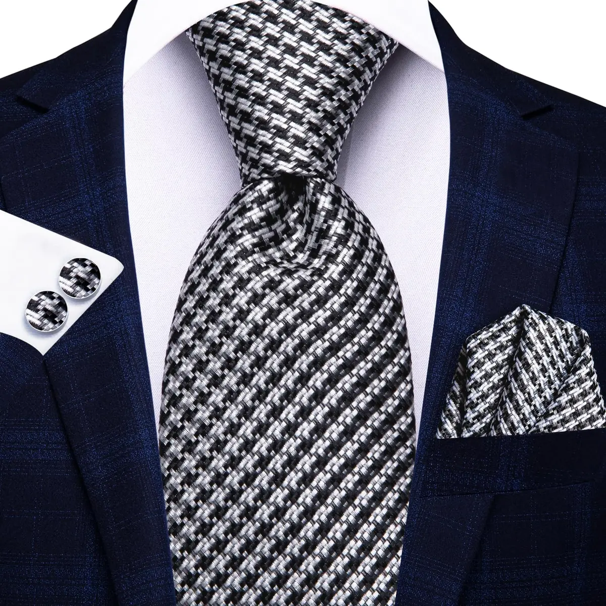 Hi-Tie Mens Black White Houndstooth Silk Necktie Set with Handkerchief & Cufflinks | Elegant Business & Wedding Accessory - view 3