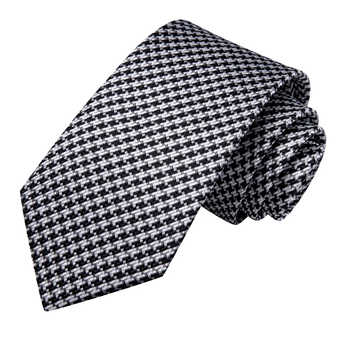 Hi-Tie Mens Black White Houndstooth Silk Necktie Set with Handkerchief & Cufflinks | Elegant Business & Wedding Accessory - view 4