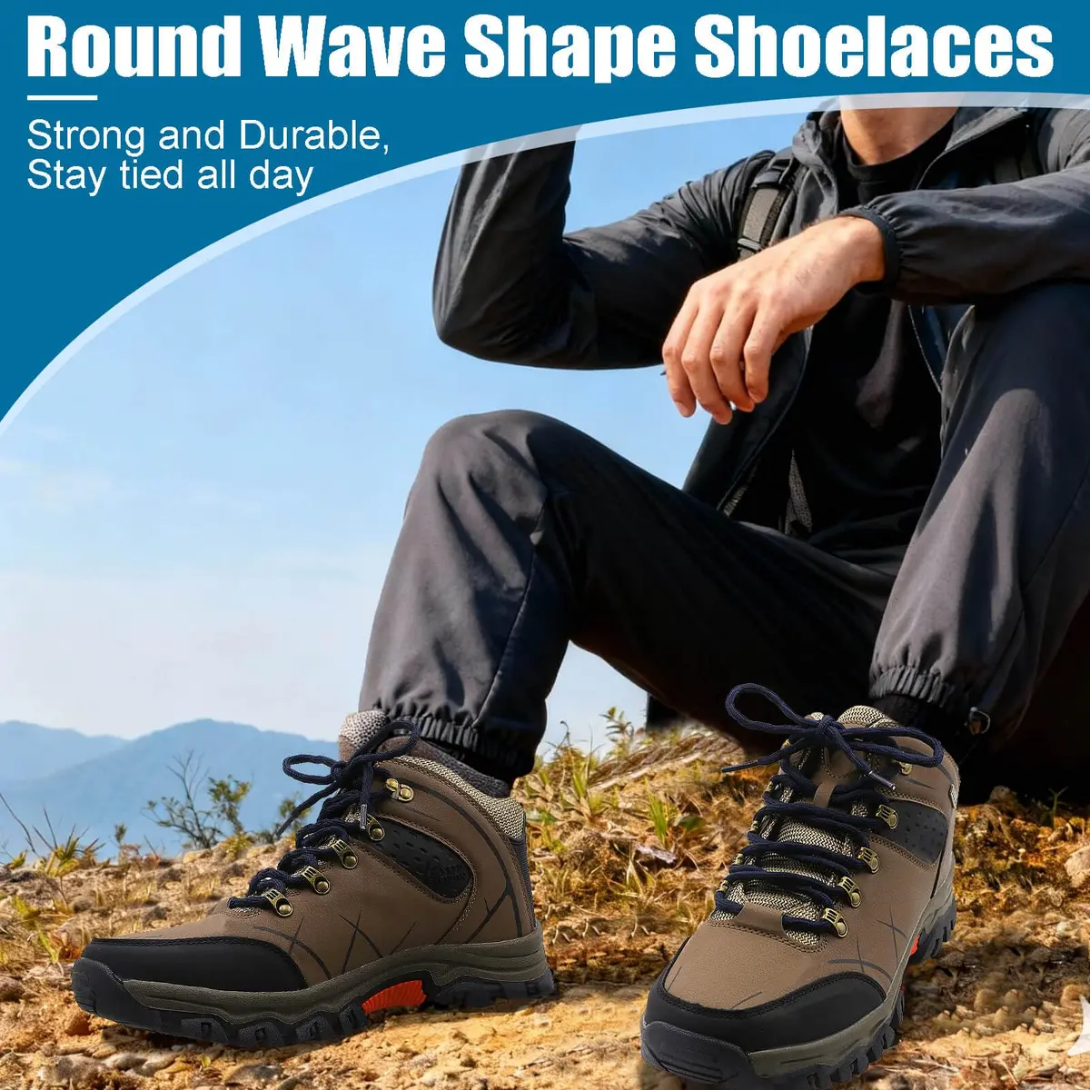DELELE Round Hiking Boot Laces: 47 Inch Dark Gray & Fluorescent Yellow | Durable Polyester Outdoor Shoelaces - view 6