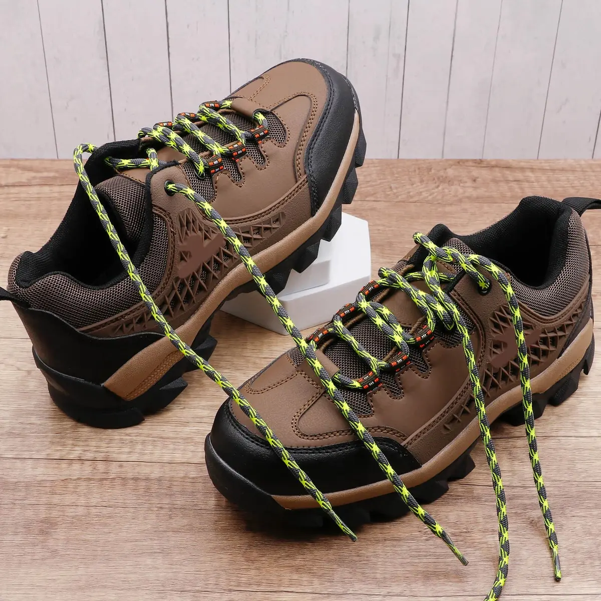 DELELE Round Hiking Boot Laces: 47 Inch Dark Gray & Fluorescent Yellow | Durable Polyester Outdoor Shoelaces - view 2