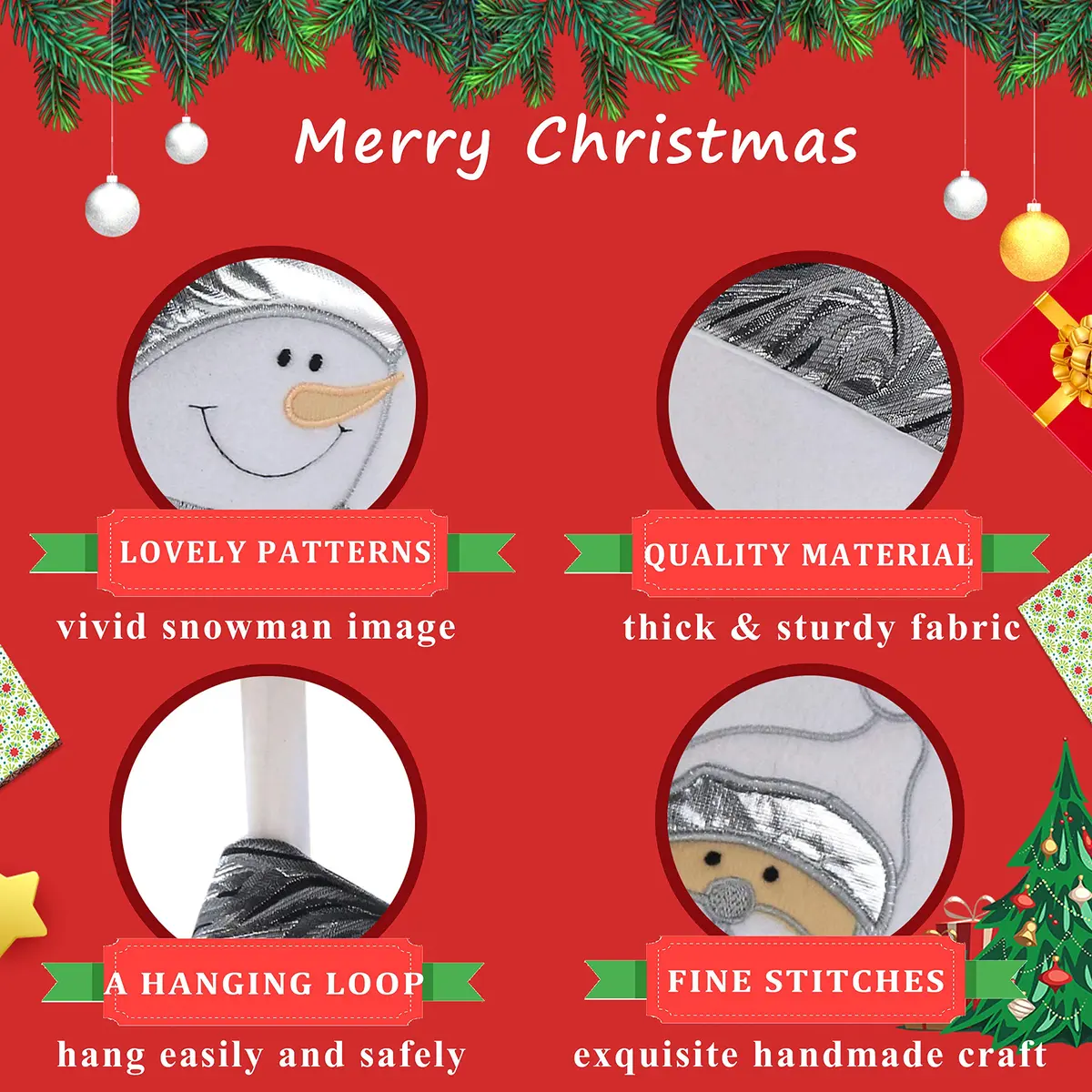 WEWILL Classic White Silvery Christmas Stockings Set of 2 Santa, Snowman Xmas Character Fireplace Hanging Stockings 43.18 cm (17 inch) | Festive Holiday Decor - view 4