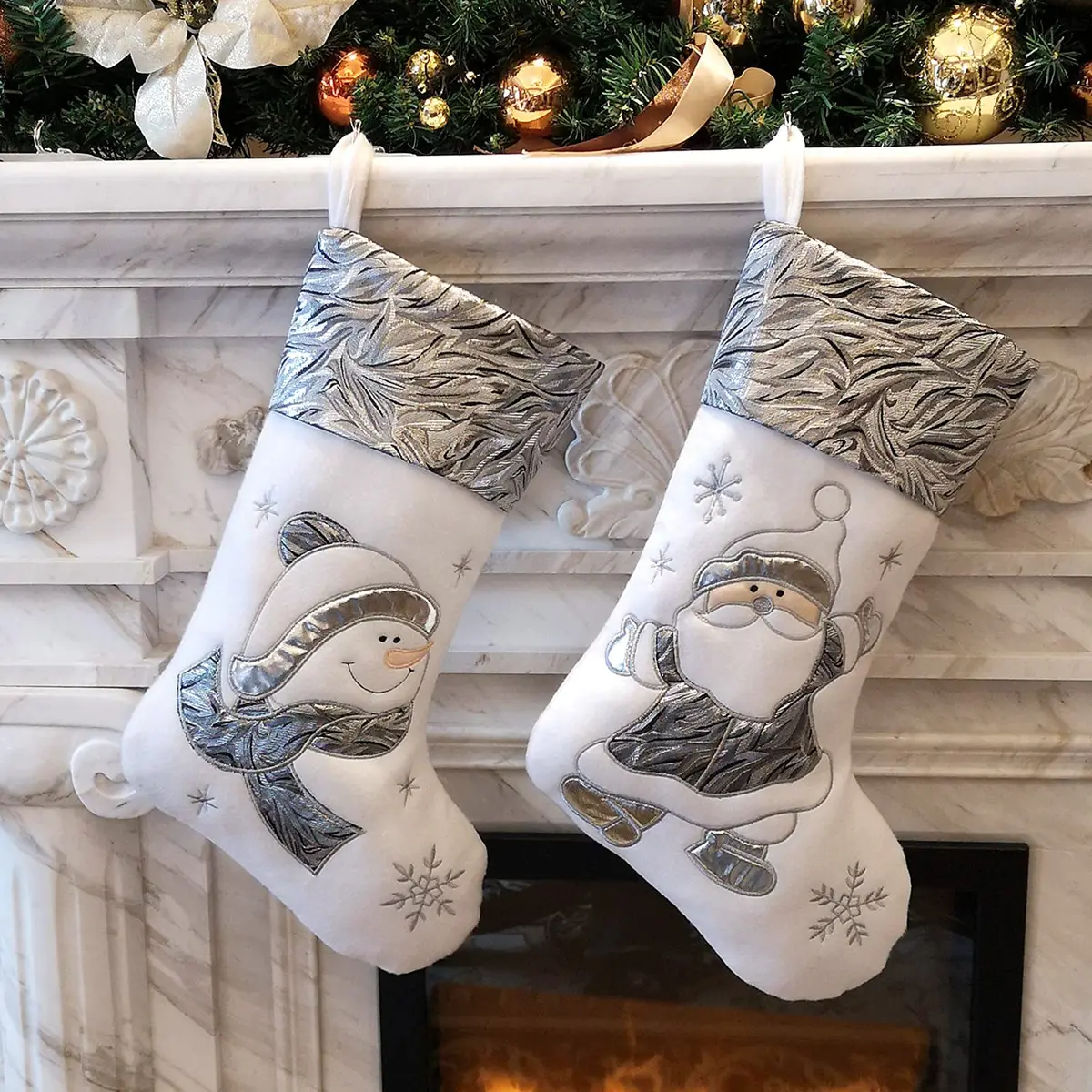 WEWILL Classic White Silvery Christmas Stockings Set of 2 Santa, Snowman Xmas Character Fireplace Hanging Stockings 43.18 cm (17 inch) | Festive Holiday Decor - main product image