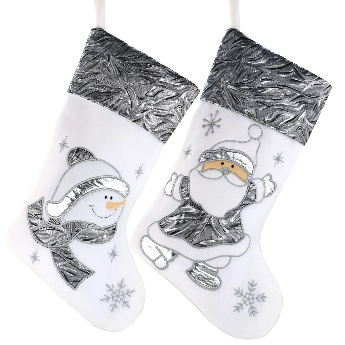 WEWILL Classic White Silvery Christmas Stockings Set of 2 Santa, Snowman Xmas Character Fireplace Hanging Stockings 43.18 cm (17 inch) | Festive Holiday Decor - view 2