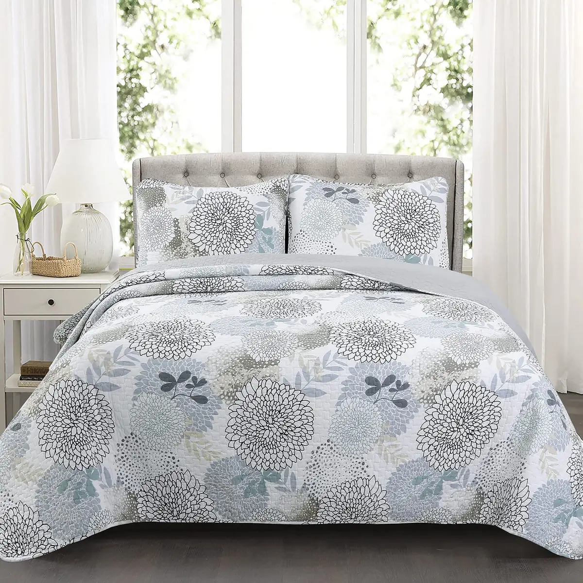 Cozy Line Home Fashions Nina Trista Flowers Aqua Blue Tape Grey Floral Print 100% Cotton Reversible Quilt Bedding Set, Bedspread Coverlet (Aqua Blue, King - 3 Piece) - main product image
