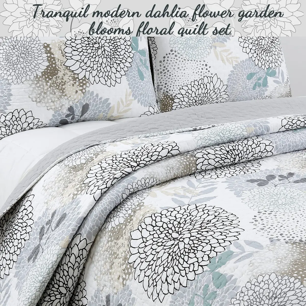 Cozy Line Home Fashions Nina Trista Flowers Aqua Blue Tape Grey Floral Print 100% Cotton Reversible Quilt Bedding Set, Bedspread Coverlet (Aqua Blue, King - 3 Piece) - view 5