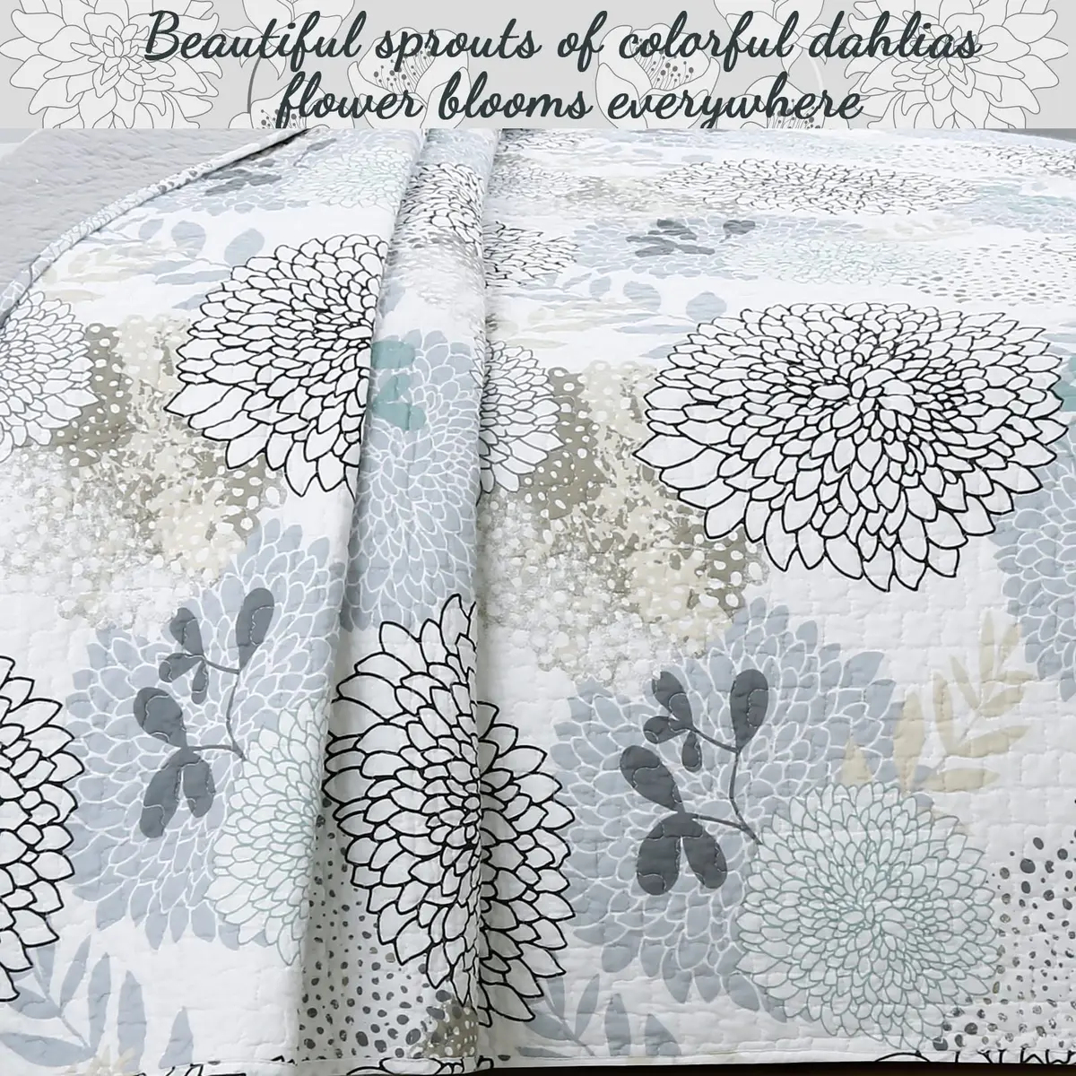 Cozy Line Home Fashions Nina Trista Flowers Aqua Blue Tape Grey Floral Print 100% Cotton Reversible Quilt Bedding Set, Bedspread Coverlet (Aqua Blue, King - 3 Piece) - view 6