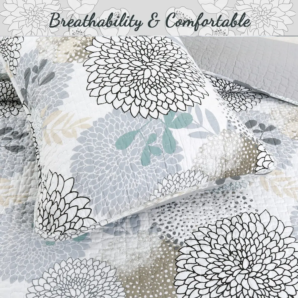 Cozy Line Home Fashions Nina Trista Flowers Aqua Blue Tape Grey Floral Print 100% Cotton Reversible Quilt Bedding Set, Bedspread Coverlet (Aqua Blue, King - 3 Piece) - view 7