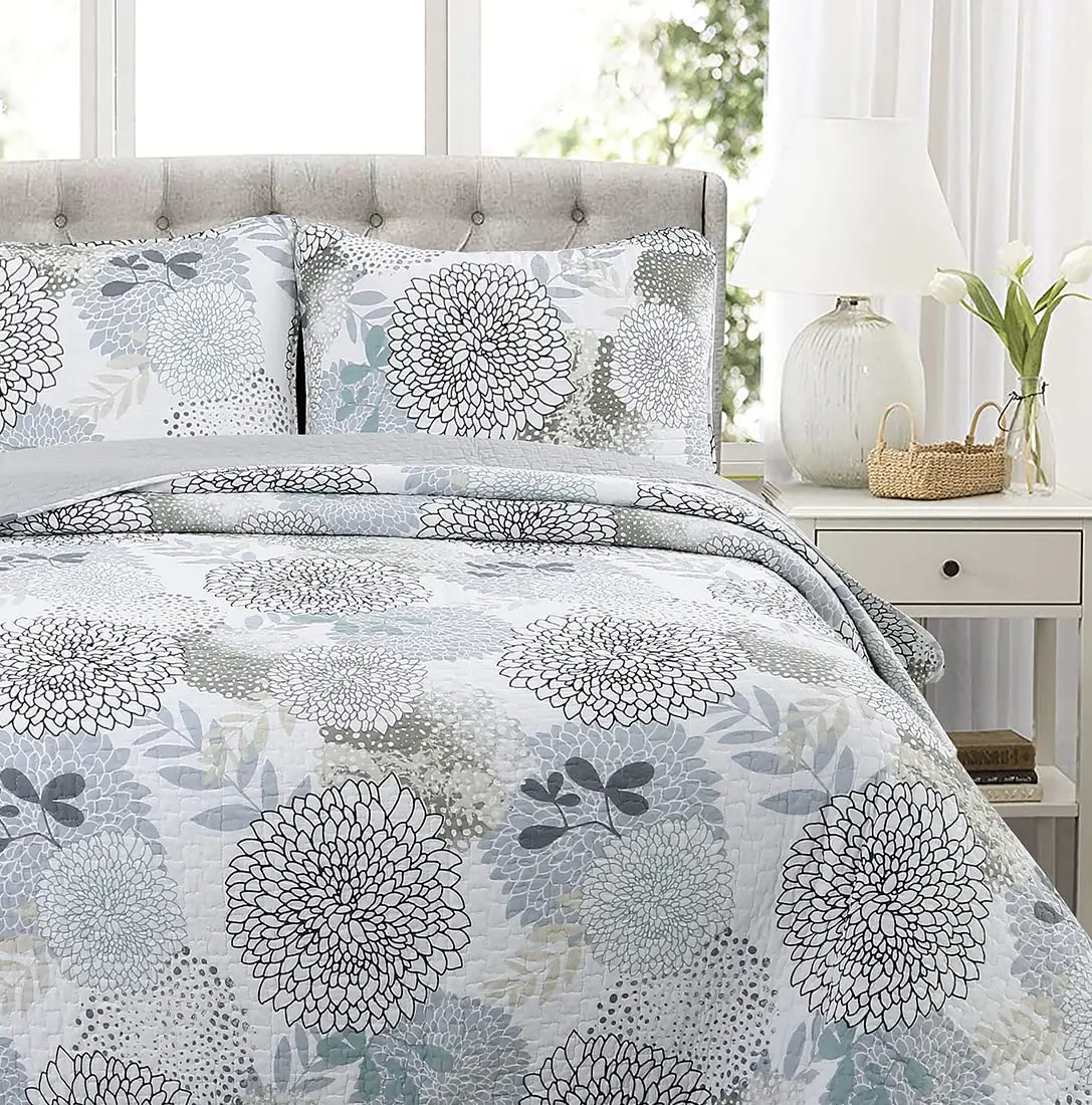 Cozy Line Home Fashions Nina Trista Flowers Aqua Blue Tape Grey Floral Print 100% Cotton Reversible Quilt Bedding Set, Bedspread Coverlet (Aqua Blue, King - 3 Piece) - view 2