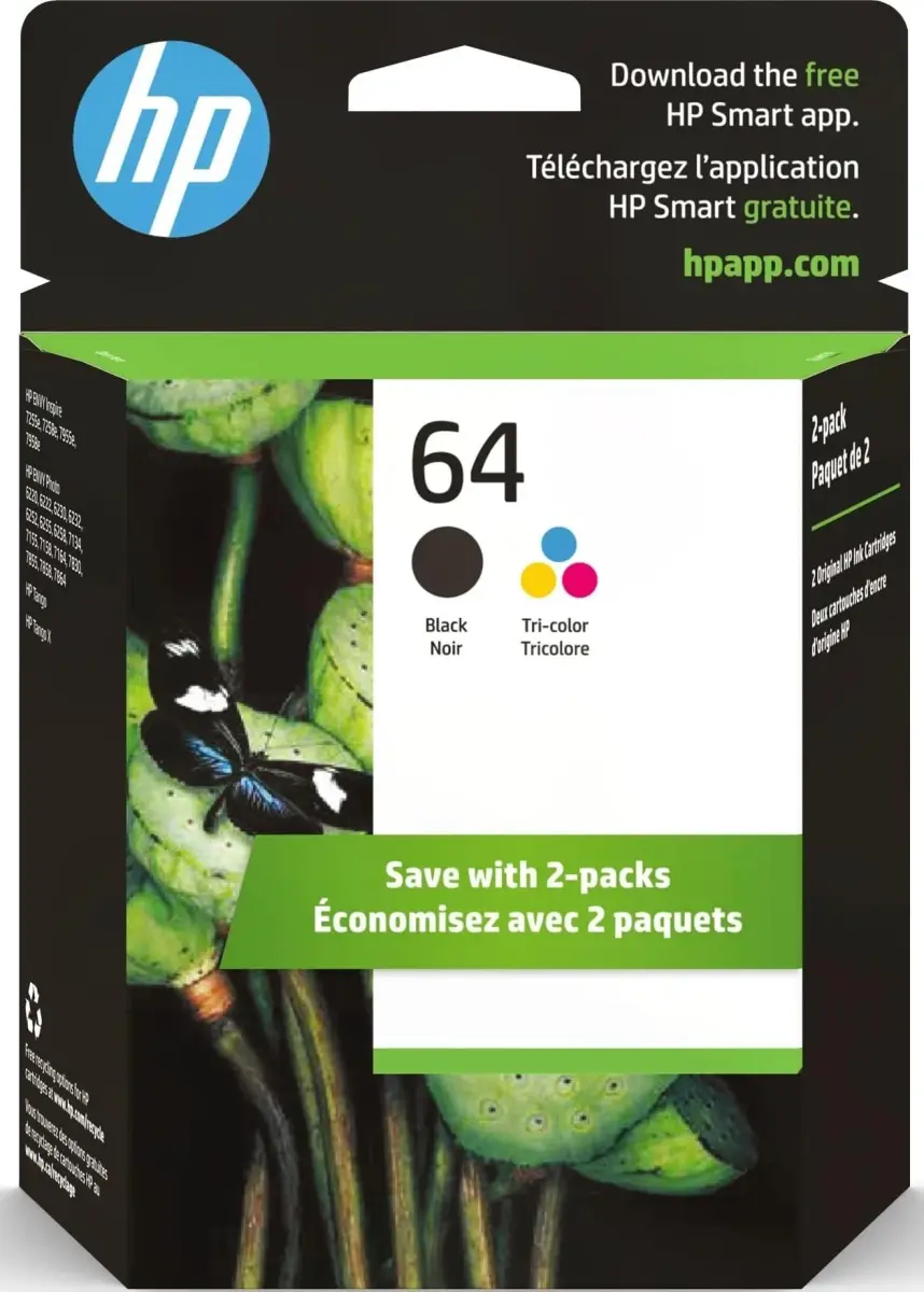 HP 64 Black & Tri-Color Ink Cartridges Combo Pack | 200 Pages Black, 165 Pages Tri-Color - main product image