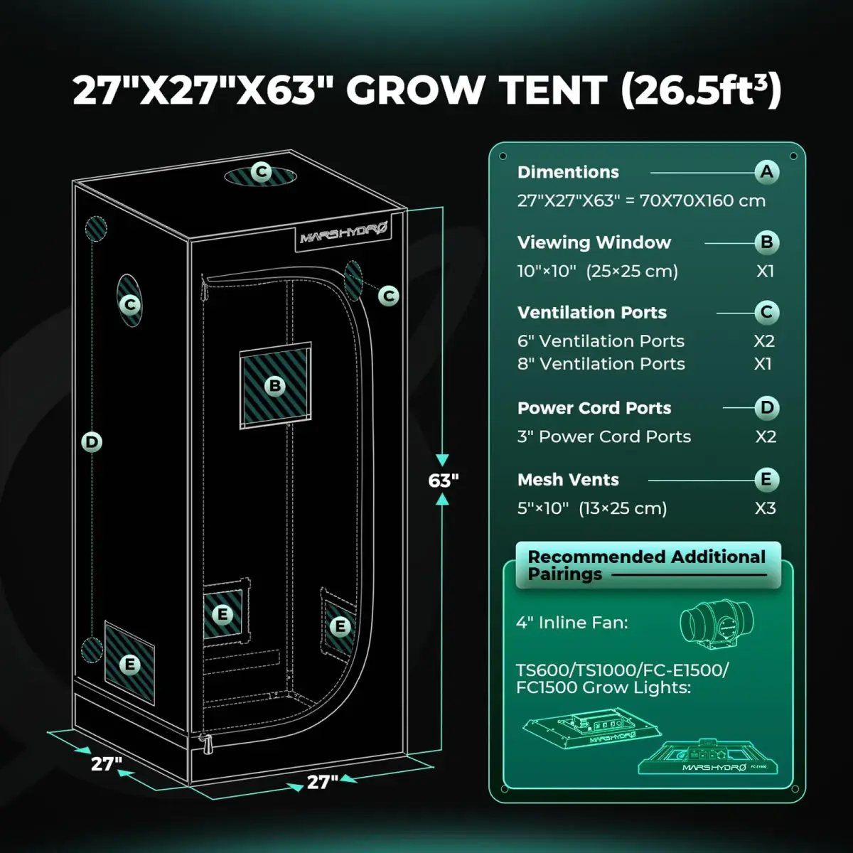 MARS HYDRO 27x27x63 Inch Grow Tent | 1680D Mylar, Observation Window, Waterproof Tray - view 9