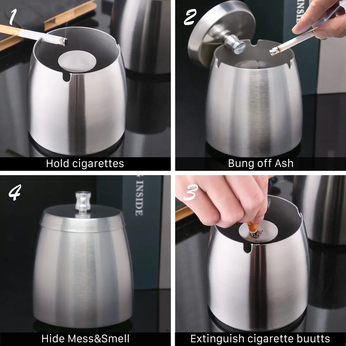 OILP Modern Windproof Ashtray with Lid 10.16cm x 11.18cm (4in x 4.4in) | Stainless Steel Tabletop Smokeless Ashtray - view 5