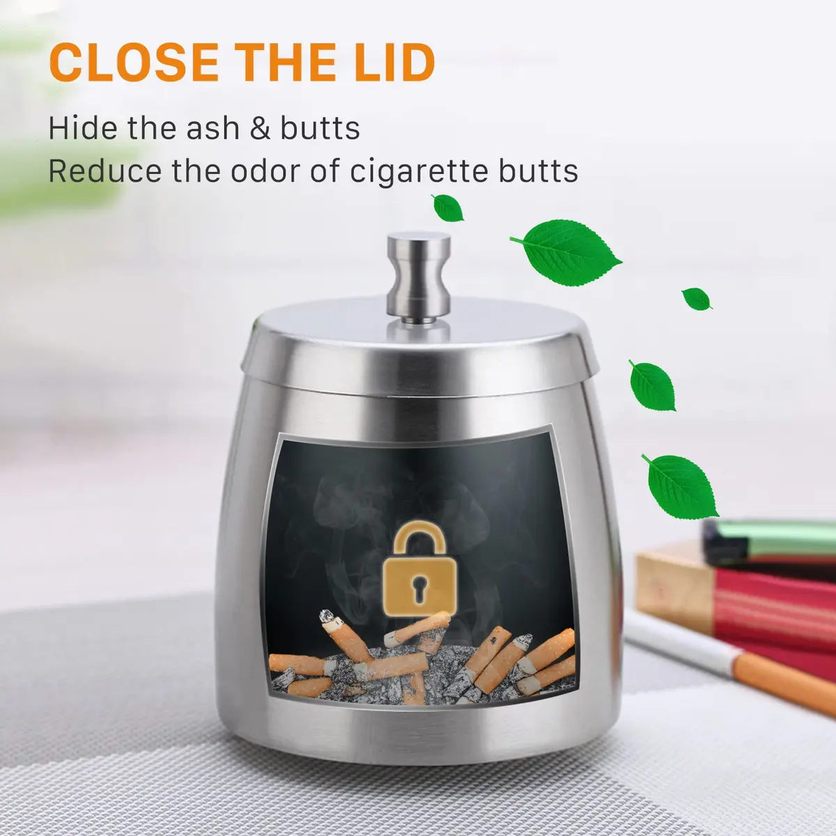 OILP Modern Windproof Ashtray with Lid 10.16cm x 11.18cm (4in x 4.4in) | Stainless Steel Tabletop Smokeless Ashtray - view 3